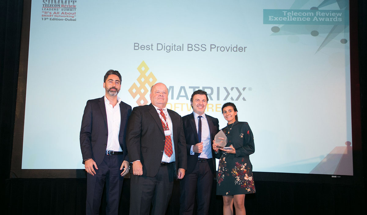 Ali Harfouche, MATRIXX, gets Best Digital BSS Provider award from Telecom Review Leaders Summit. Also pictured: Najib Abboud and Greta Khalil from MATRIXX.