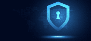 Shield with lock icon over world map