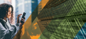 Collage of high rise buildings and woman on mobile