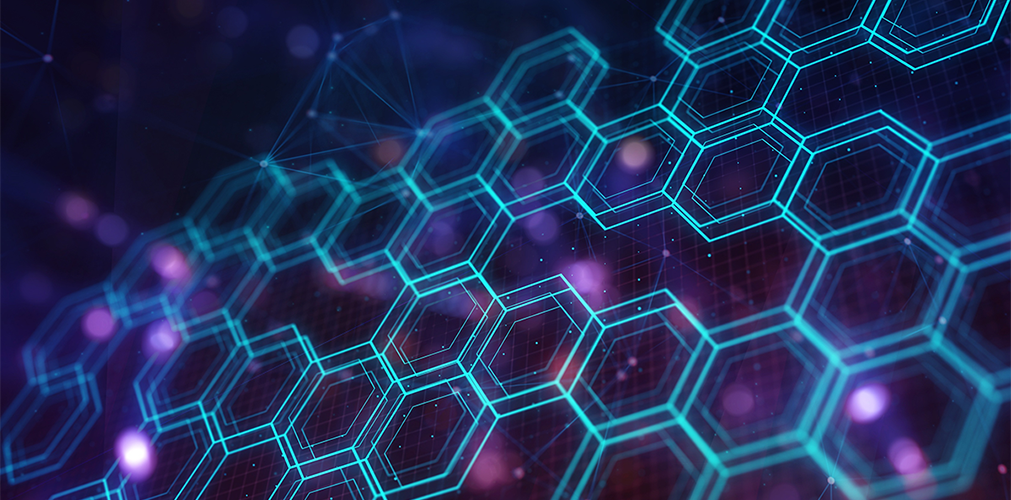 Abstract virtual technology illustration with hexagon grid on blue background