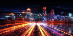 Speed light trails path through smart modern mega city and skyscrapers town with neon futuristic technology background