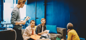 Employees brainstorming in an informal meeting